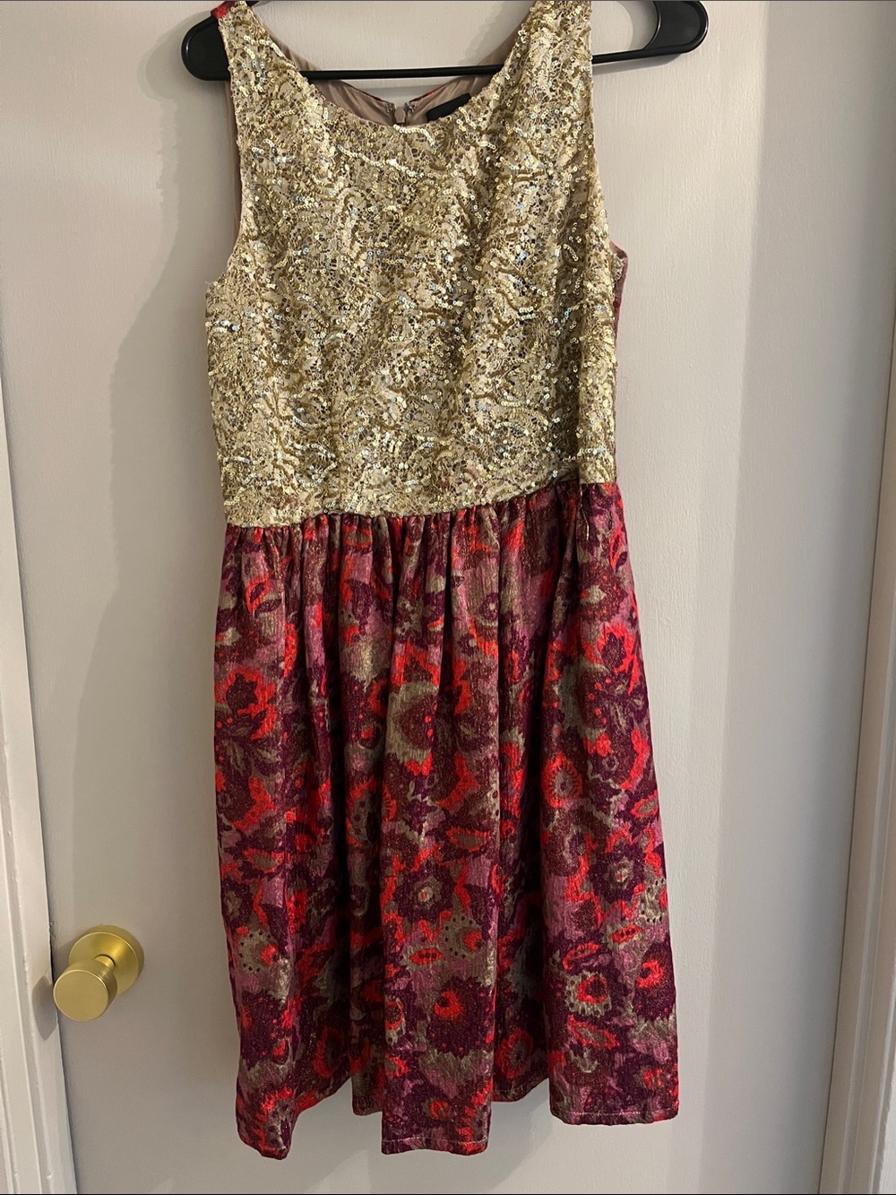Anthropologie Wren Gold Sequin and Pink Floral Dress